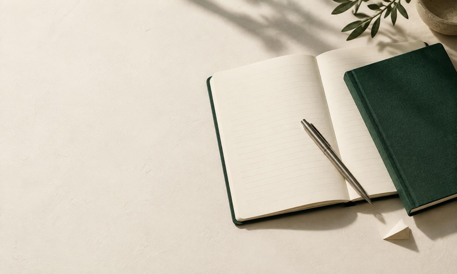 Notebook and pen on a sunlit desk